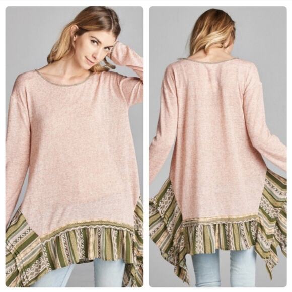 NWT Boho tribal shark bite hem pink top ruffle bottom lagenlook - Picture 6 of 8